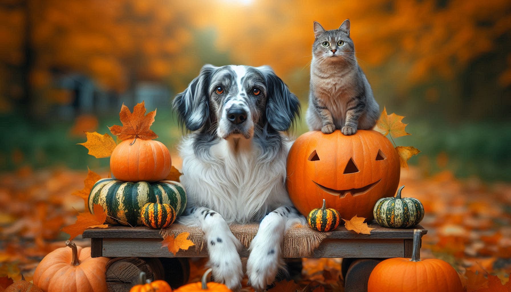 Dog and cat with pumpkins