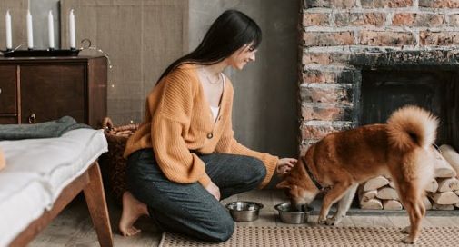 woman feeding her dog